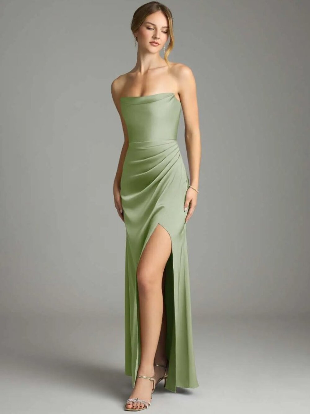 Azazie Leonis Bridesmaid Dress in Dusty Sage Stretch Satin